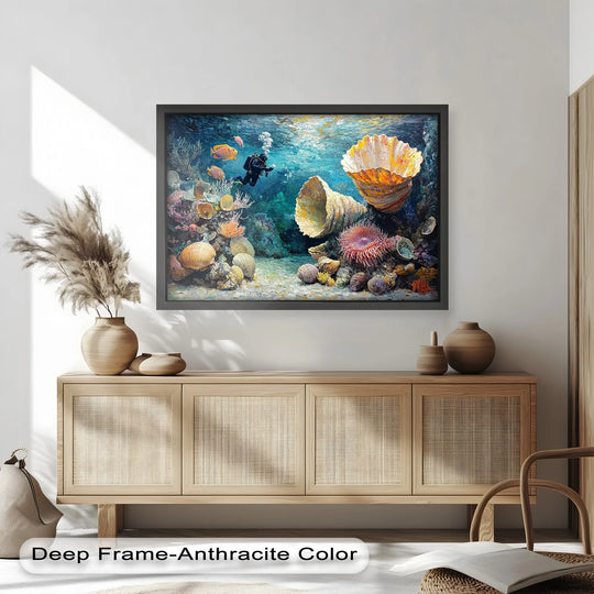 Diver in the central subject enjoys exploring coral reefs and giant shells in this animal oil painting artwork, a vibrant underwater scene filled with life and texture.