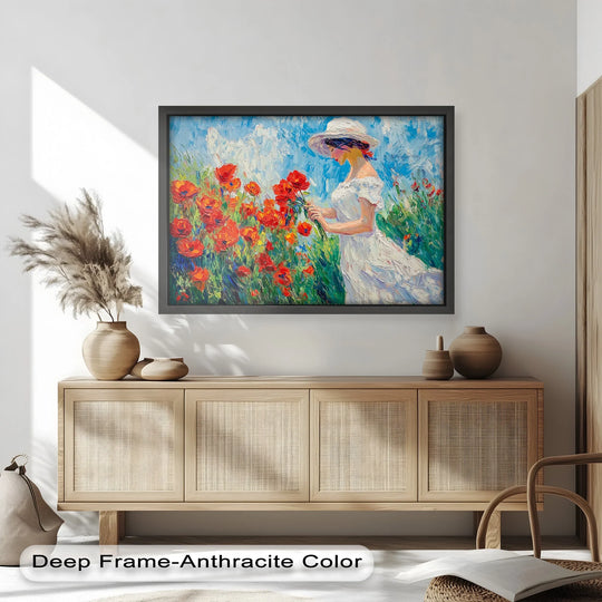 Revealing the realistic detail, this Impressionist 'Lady Among Poppies' oil painting showcases vibrant colors, exquisite brushwork, and the beauty of oil painting home decor.
