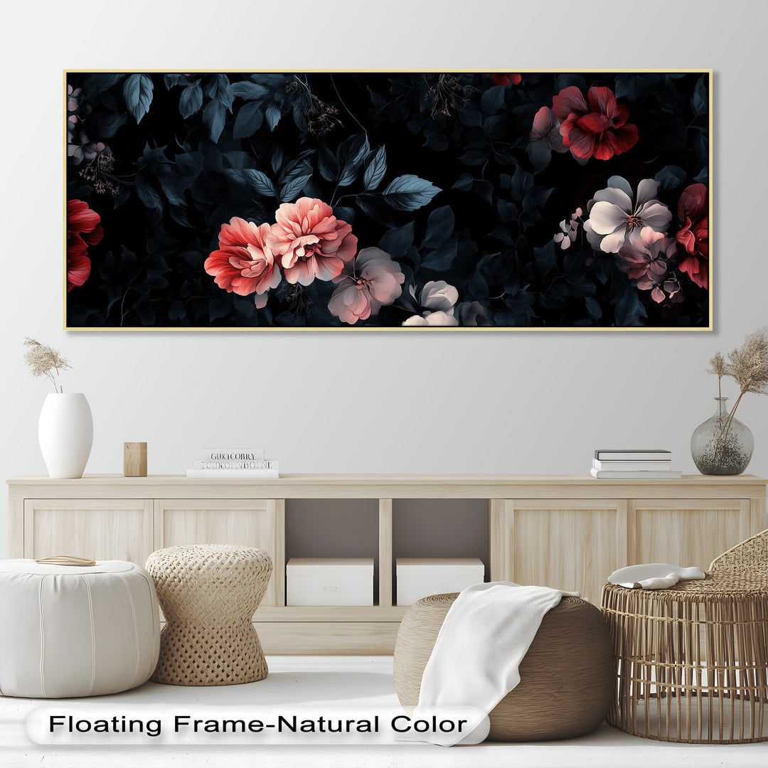 A richly toned floral pattern showcasing graceful blossoms in red and pink hues, contrasted by midnight blue leaves.
