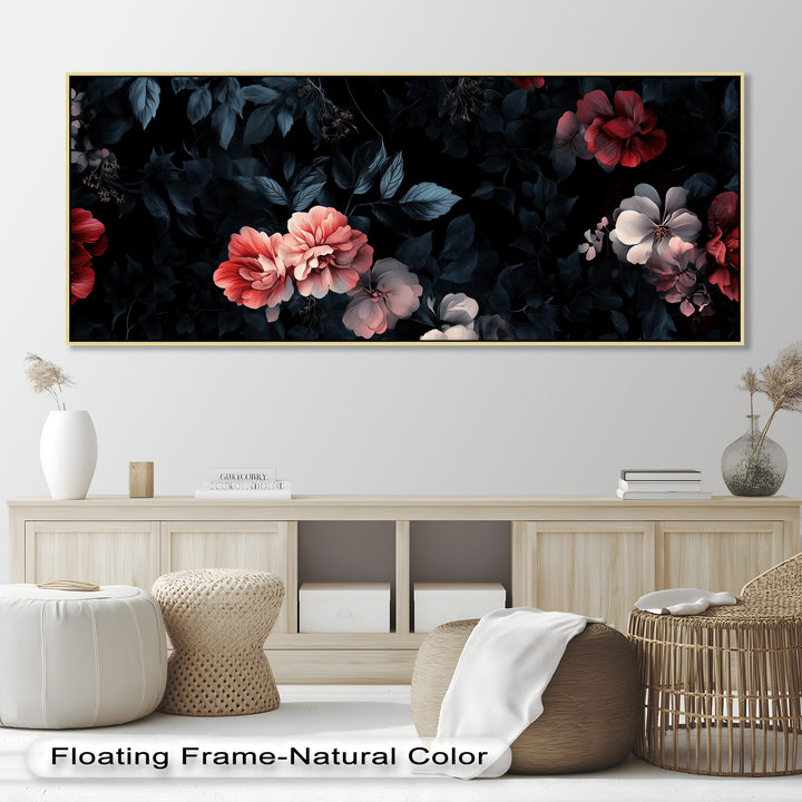 A richly toned floral pattern showcasing graceful blossoms in red and pink hues, contrasted by midnight blue leaves.