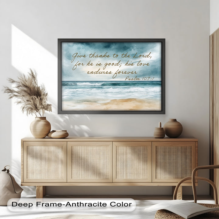 Calm ocean waves under a cloudy sky, paired with an inspirational scripture.
