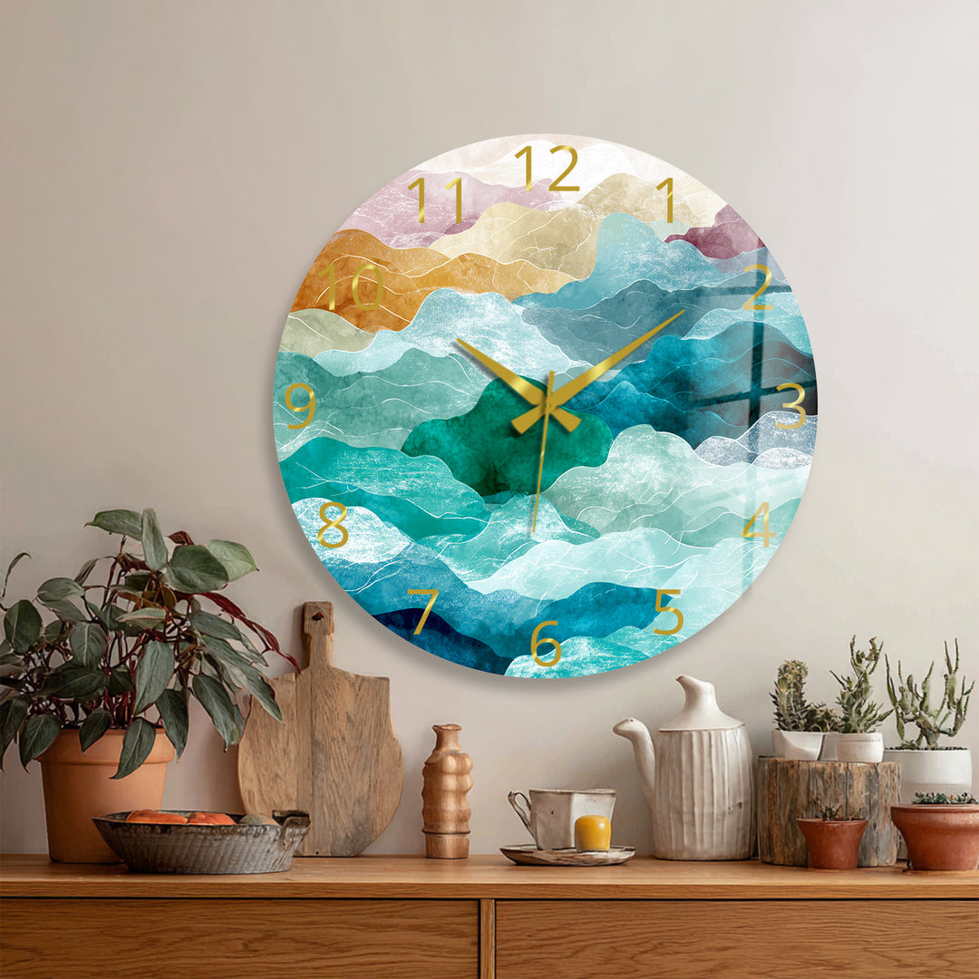 Abstract Mountain Glass Wall Clock – Teal Boho Landscape Decor
