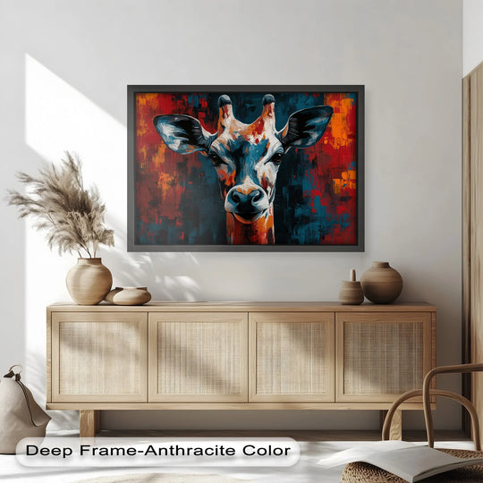 The stillness of the colorful giraffe portrait is captured beautifully in this oil painting reproduction print, a striking animal art piece.