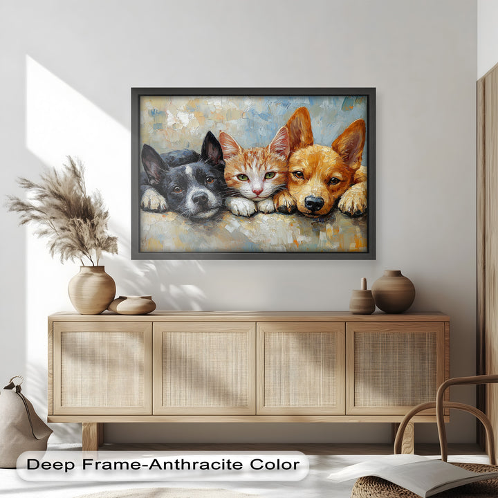 Cat and Dogs Resting Together - Animal Oil Painting