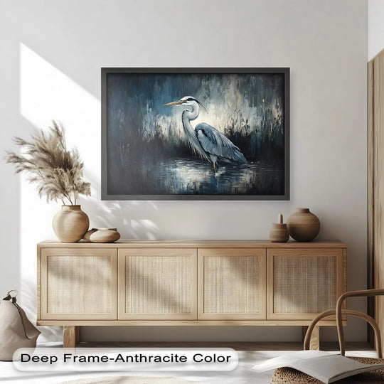 Subtle gradations define the marshland in this heron animal oil painting, where light diffuses into dark, showcasing the beauty of oil painting decoration within the misty scene.