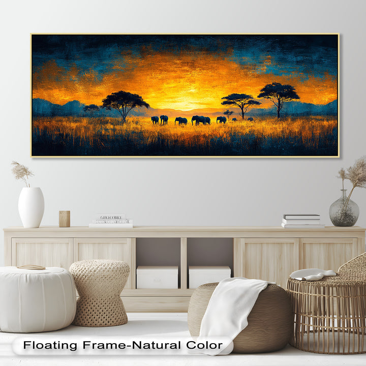 Golden Savannah Sunset – Elephant Silhouette Oil Painting
