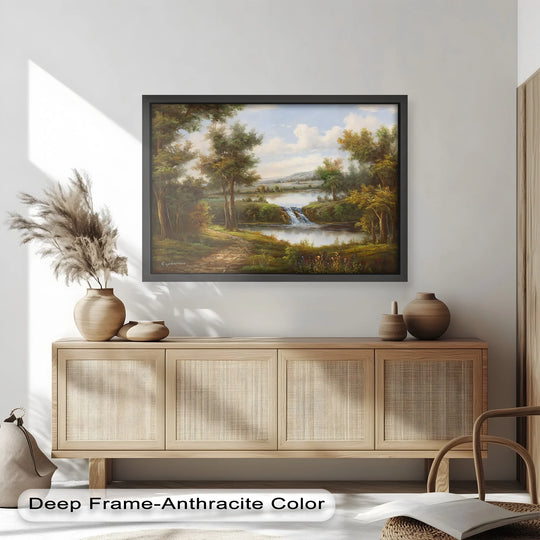 Deep anthracite color frames the vintage oil painting home decor of a tranquil forest cascade, enhancing its rustic charm and scenic path.