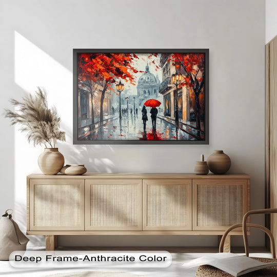 Crimson leaves and a vibrant red umbrella command attention in this modern oil painting art that depicts lovers strolling along a wet city street.