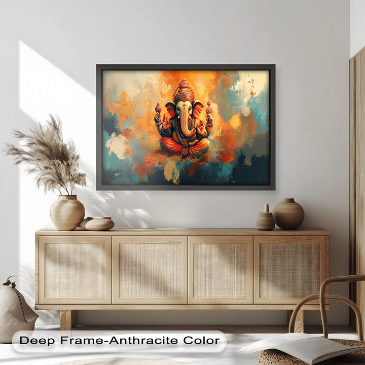 A dynamic and spiritual painting of Lord Ganesha, blending traditional iconography with a modern, textured background.

