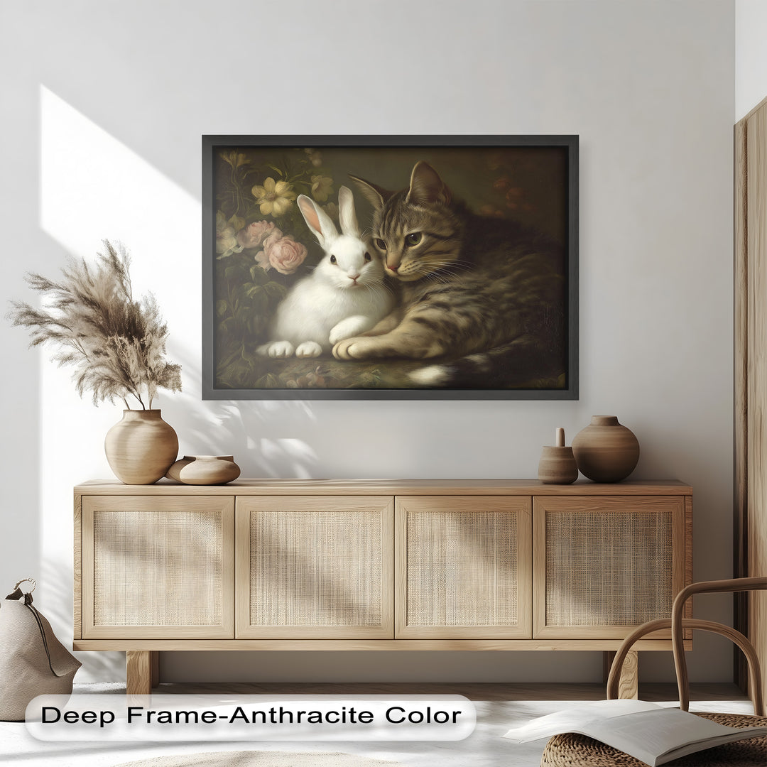 Cat and Rabbit in Floral Harmony - Animal Oil Painting