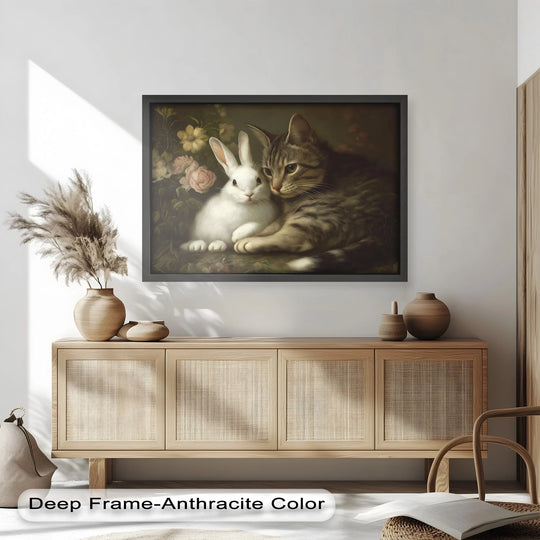 Sunlight illuminates the white wall behind this modern oil painting art print, highlighting the comforting scene of a cat and rabbit amidst soft florals.