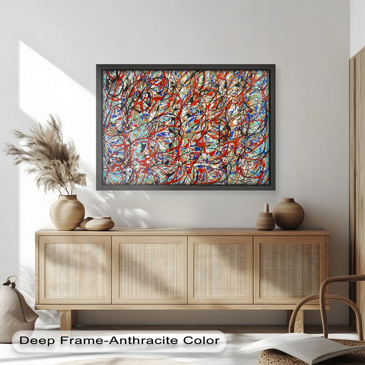 A visually complex tangle of red, black, and blue strokes, forming a dense and captivating web of abstract expression.