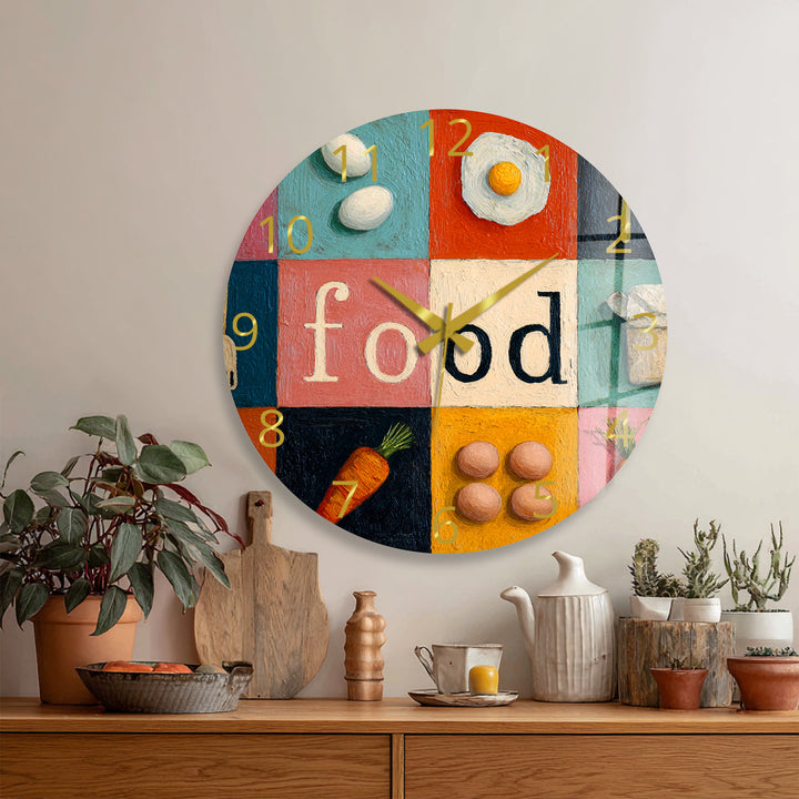 Colorful Food Glass Wall Clock – Retro Kitchen Decor