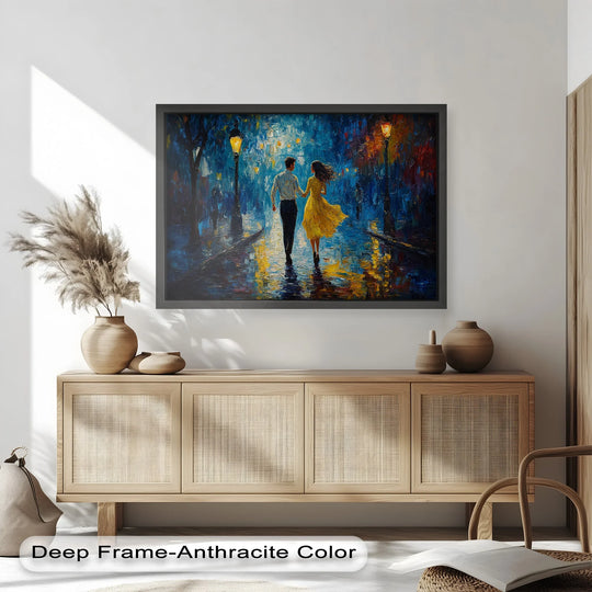 Vibrant brushstrokes create a textured surface, highlighting the superb quality of this oil painting reproduction print depicting a couple dancing in romantic city lights.