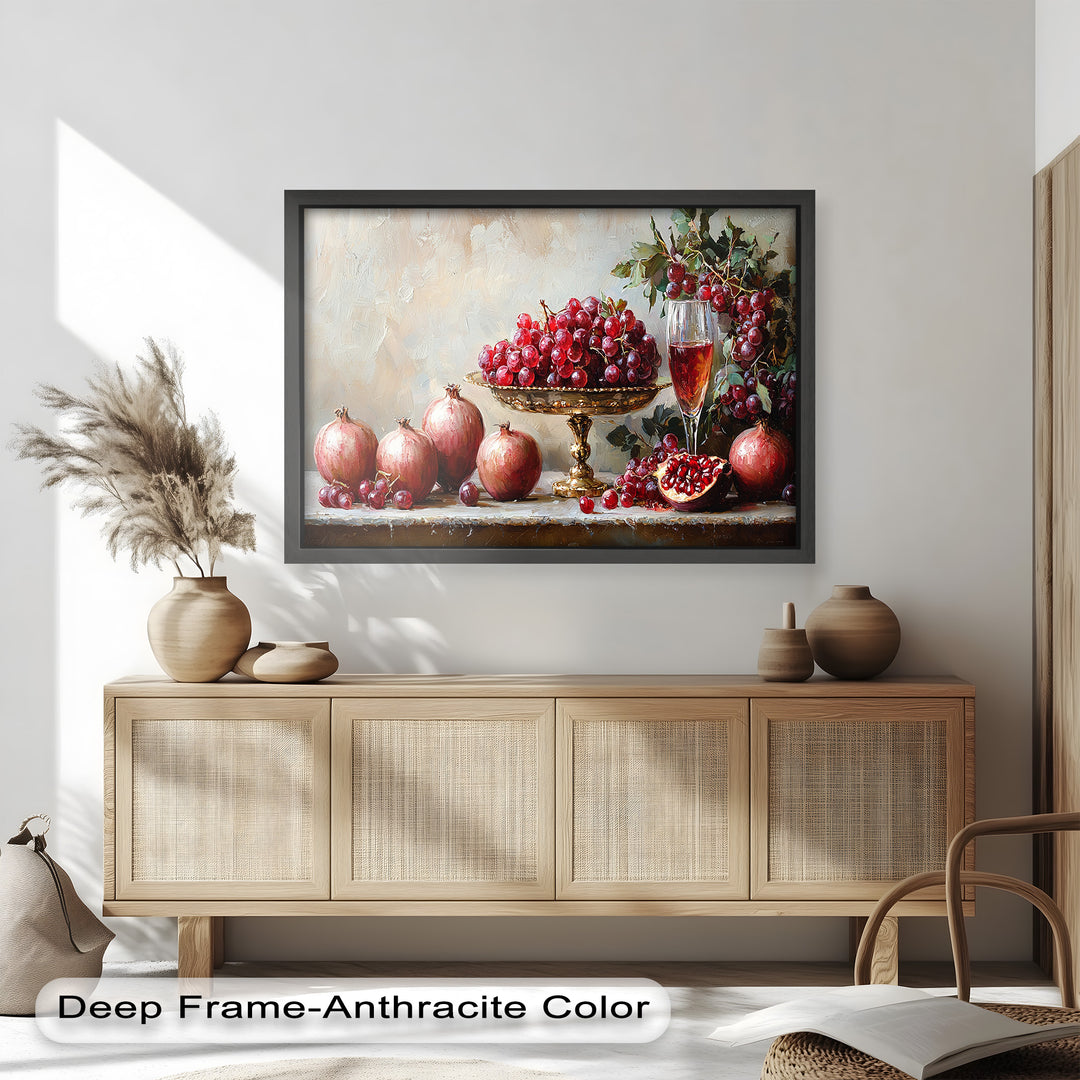Featuring rich red hues, this oil painting on wood portrays a vintage-inspired composition with fresh fruits and a golden serving dish.

