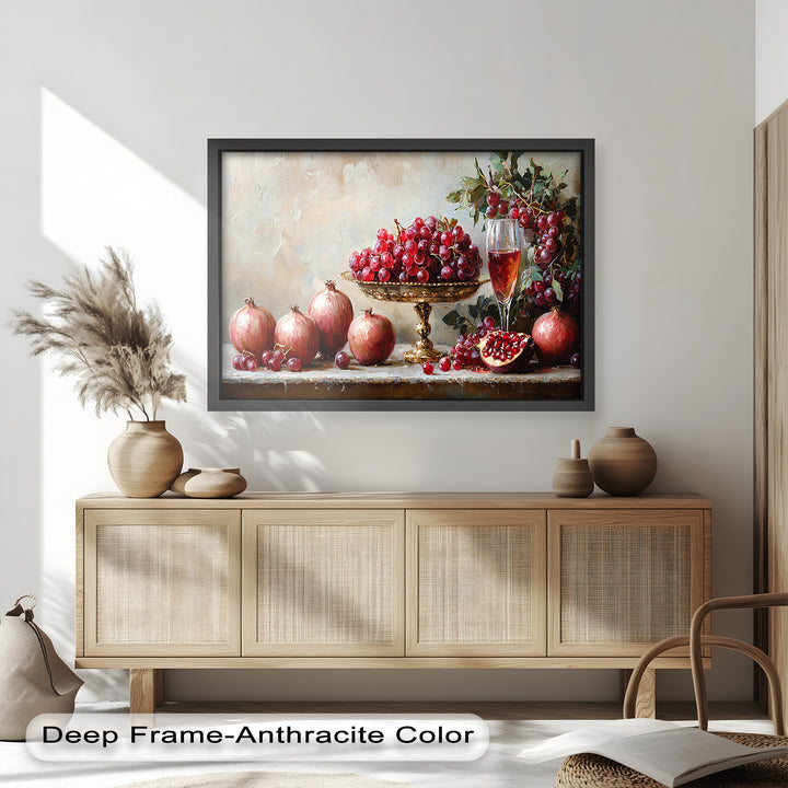 Featuring rich red hues, this oil painting on wood portrays a vintage-inspired composition with fresh fruits and a golden serving dish.
