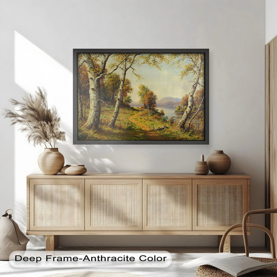 Focusing on the abstract quality, the vintage oil painting home decor presents a dreamy landscape where a golden path meanders beside a tranquil lake beneath impressionistic trees.