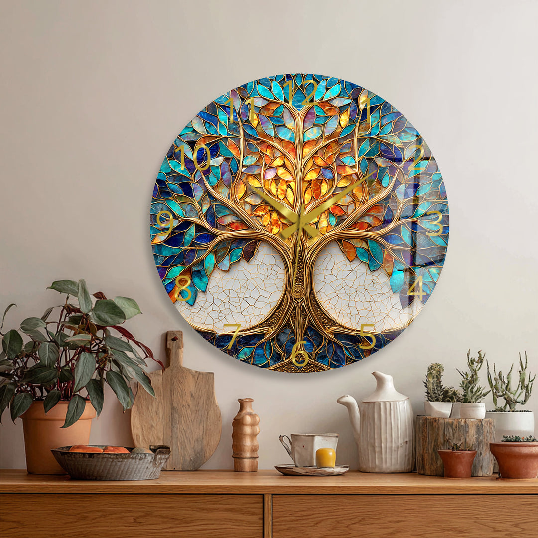 Tree of Life Glass Wall Clock – Blue and Gold Mosaic Decor