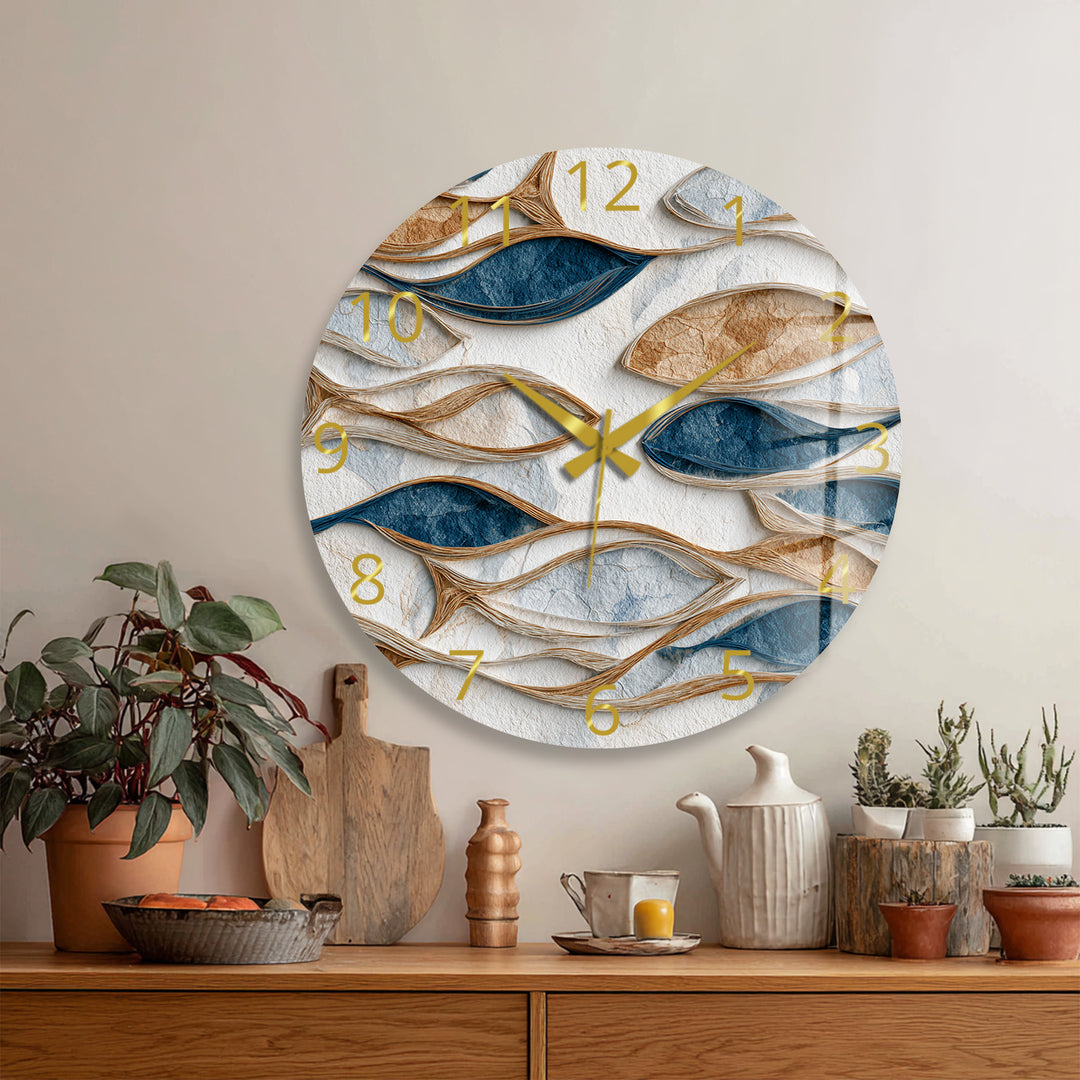 Blue and Beige Glass Wall Clock – Modern Organic Abstract Art