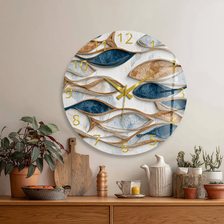 Blue and Beige Glass Wall Clock – Modern Organic Abstract Art