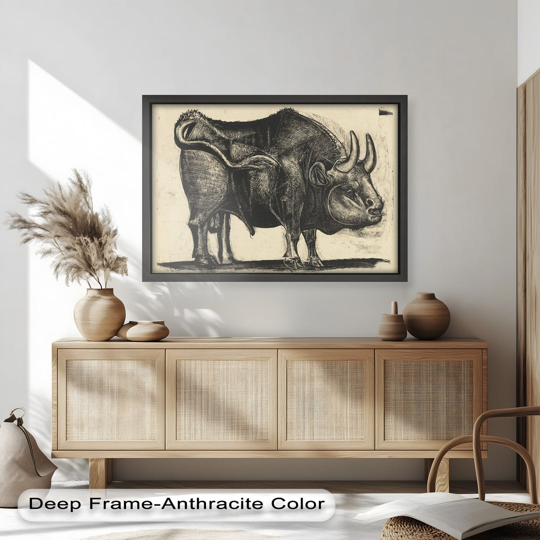 Expressive Bull Figure with Bold Linework – Figurative Oil Painting