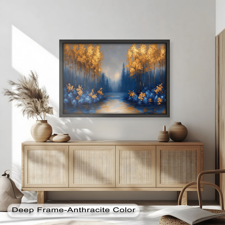 A captivating fusion of cool twilight tones and warm autumn light, this piece invites you into an enchanted woodland escape.