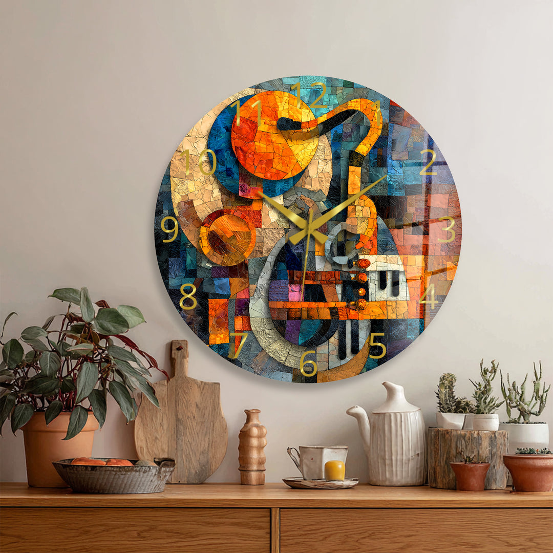 Music Glass Wall Clock – Treble Clef and Piano Mosaic Decor