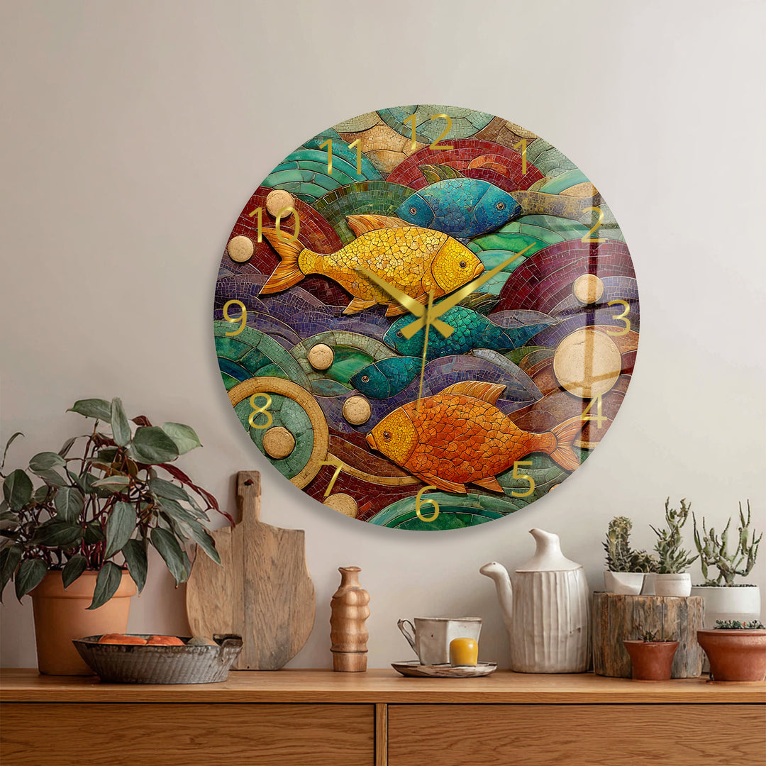 Colorful Fish Glass Wall Clock – Coastal Mosaic Art Decor