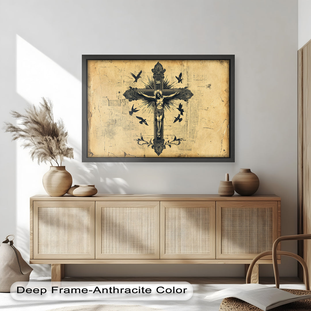 A vintage-style religious artwork featuring a detailed black ink illustration of Jesus Christ on an ornate cross, surrounded by flying birds on an aged parchment background.
