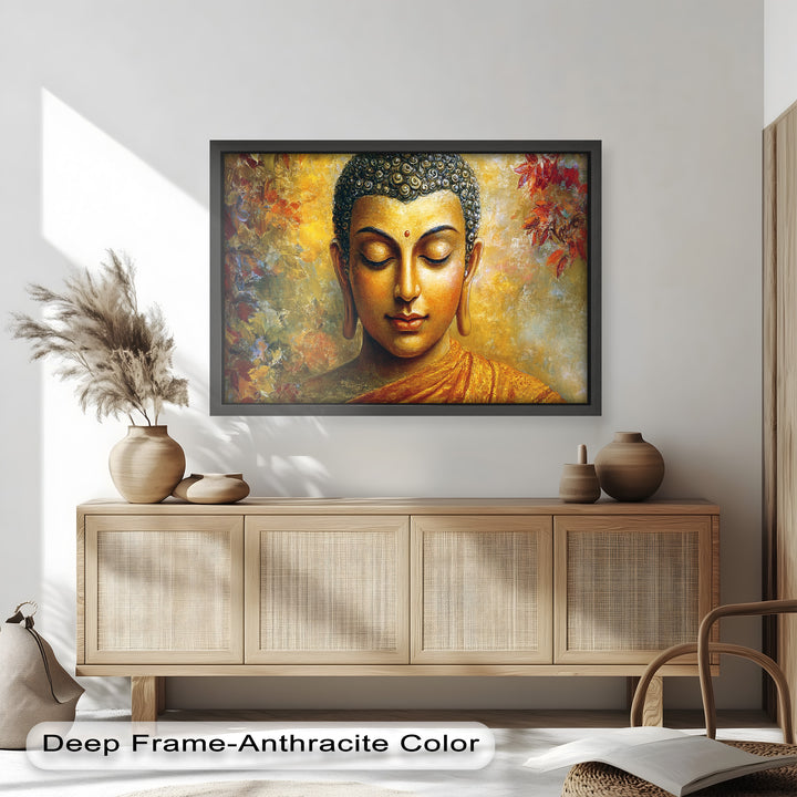 A peaceful Buddha figure with glowing skin and detailed features, set against a luminous, nature-inspired backdrop.

