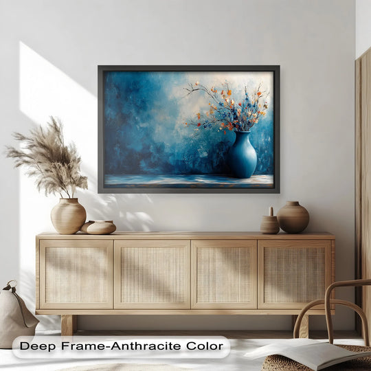 Surface texture of the modern oil painting art highlights the textured blue vase and delicately rendered floral arrangement in this contemporary flower oil painting.