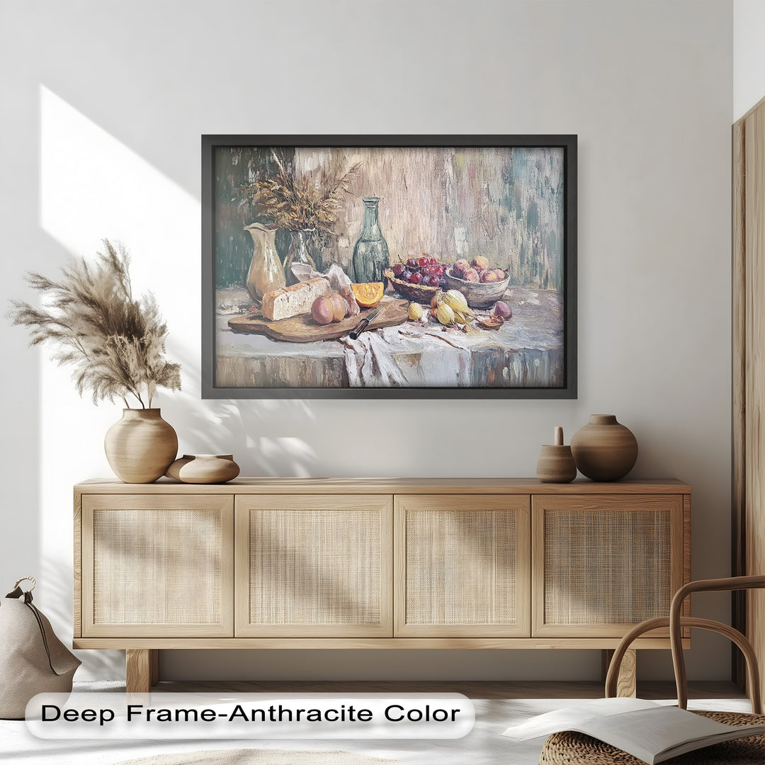 This charming still life oil painting depicts a rustic table spread with fresh fruits, bread, and vintage pottery, evoking a warm, natural ambiance.
