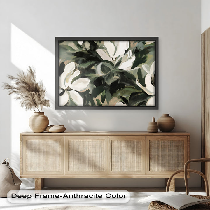 Cream Blooms in Forest Green - Flower Oil Painting