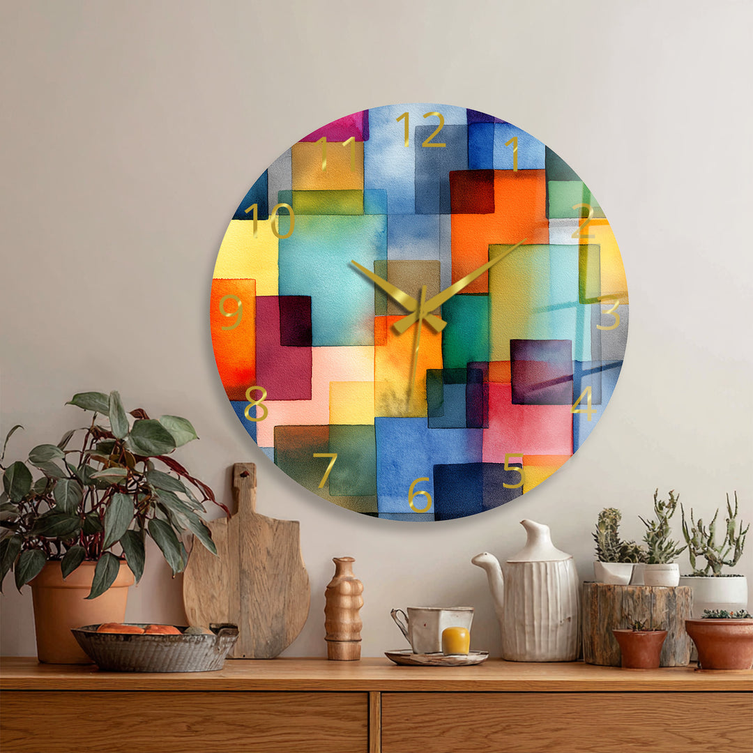 Colorful Geometric Glass Wall Clock – Abstract Color Block Art