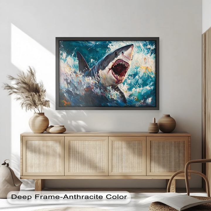 Ferocious Shark Emerging from Turbulent Waters – Animal Oil Painting