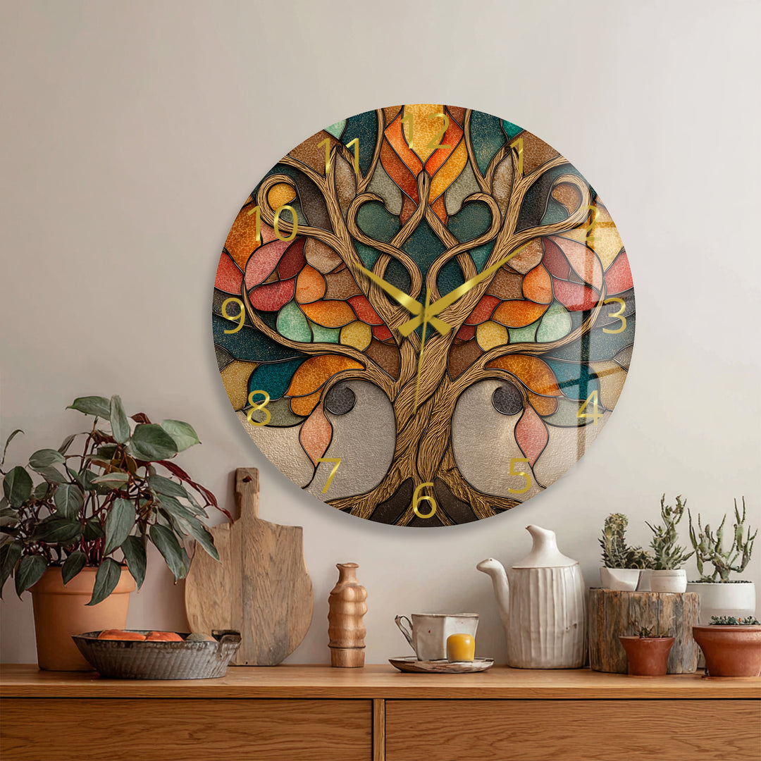 Autumn Tree of Life Glass Wall Clock – Stained Glass Style Decor