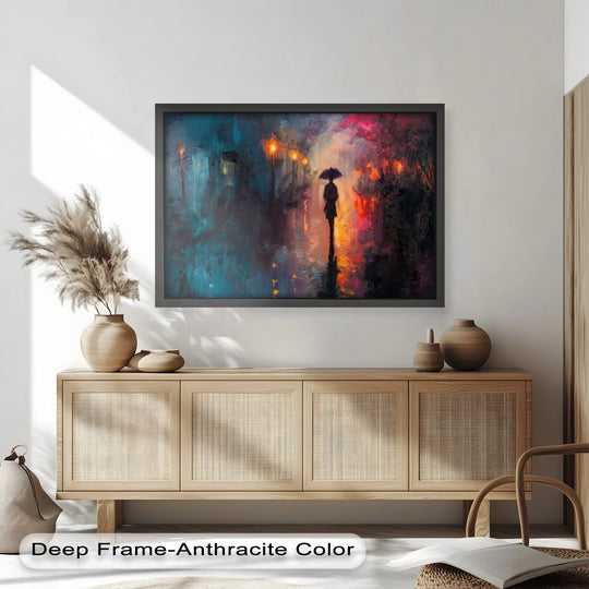 Impasto surface texture of this modern oil painting art emphasizes the reflections and light play in the evening solitude romantic rainy stroll.