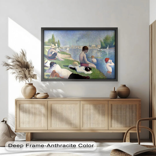 Featuring a deep anthracite finish, this framed pointillism Afternoon Light on the Riverbank oil painting wall art complements the displayed home decor.