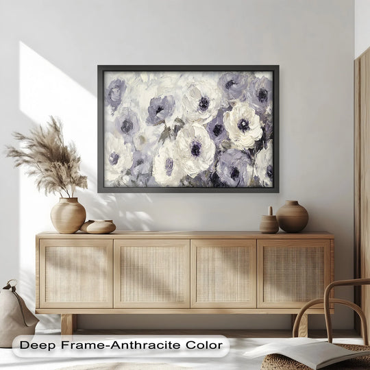 The deep frame of the Ivory Whispers cream and lavender anemone flower is an anthracite color, enhancing this lovely oil painting reproduction print.