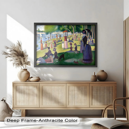 Foreground figures create depth and layers in this pointillist oil painting, a modern oil painting art piece depicting a leisurely Sunday by the lake.