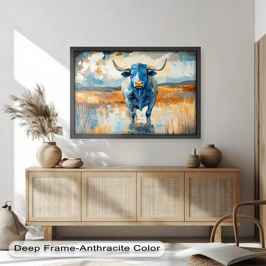 As the central subject of this oil painting reproduction print, I stand defiant in the water, my blue-toned form and horns a striking contrast to the desert landscape.