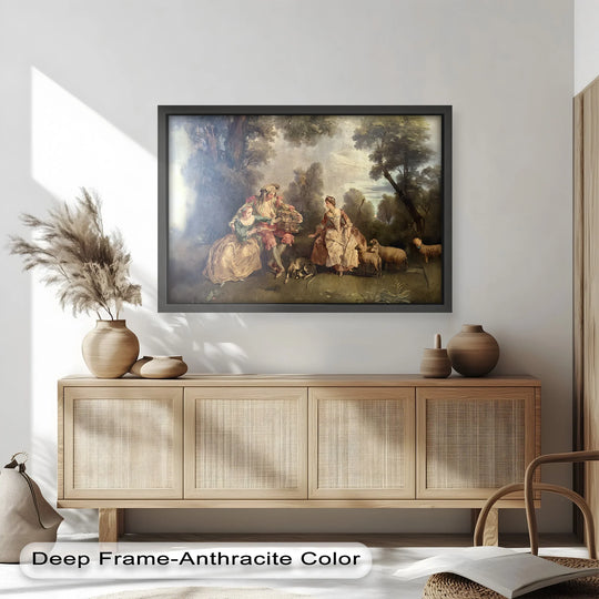 Showcasing foreground details, the Pastoral Courtship in the Countryside vintage oil painting decoration captures a shepherdess and noble couple within a rustic wooded scene.
