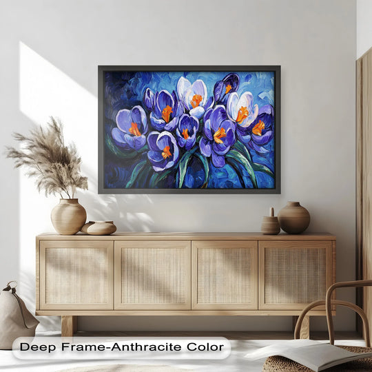 Negative space emphasizes the arrangement of the crocus flowers in this flower oil painting art piece, highlighting the interplay of vivid blue and violet hues.