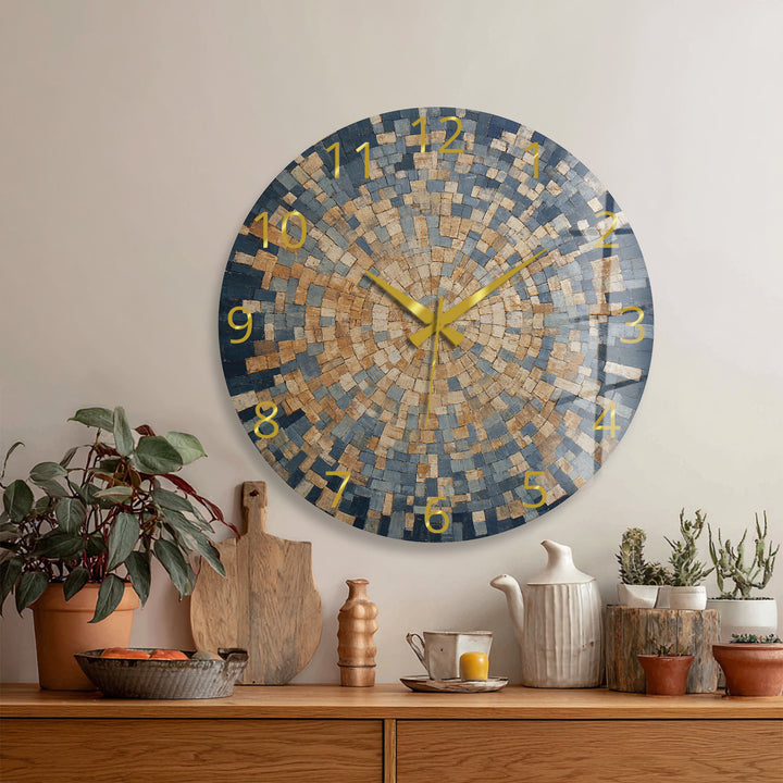 Blue Mosaic Glass Wall Clock – Beige Geometric Circle Art Decor