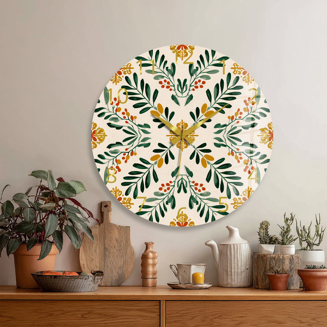 Botanical Glass Wall Clock – Green Leaf Farmhouse Decor