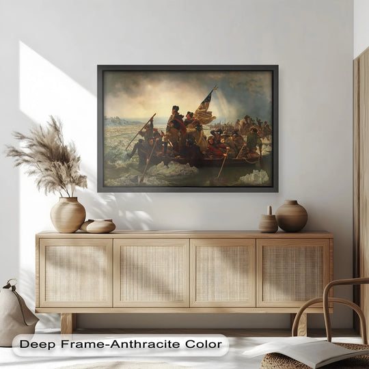 Evoking organic forms, this oil painting art piece shows Washington's Crossing, a historic artwork featuring textures suggestive of a tumultuous river.