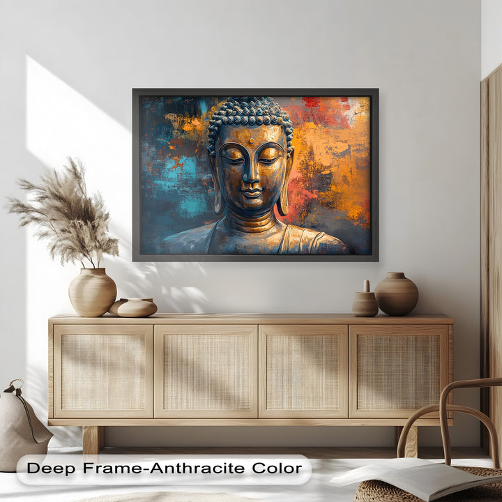 An expressive artwork of the Buddha with a calm expression, surrounded by dynamic splashes of blue, orange, and gold.