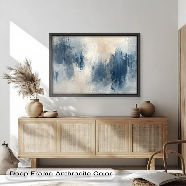 Echoes in Mist – Stimmungsvolles abstraktes Ölgemälde in Blau und Beige