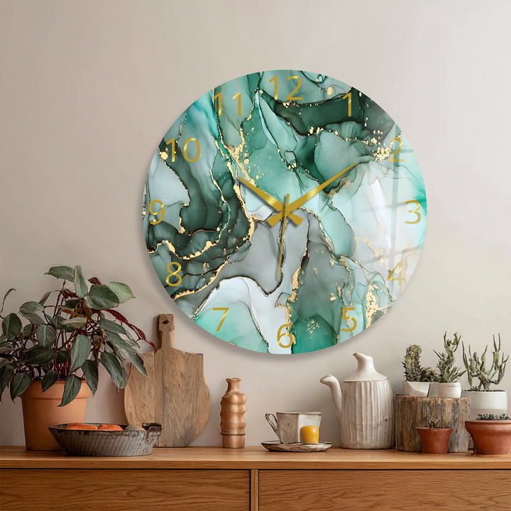 Emerald Green Marble Glass Wall Clock – Gold Accent Decor