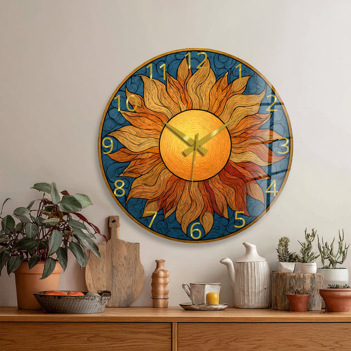 Boho Sun Glass Wall Clock – Golden Sunburst Decor